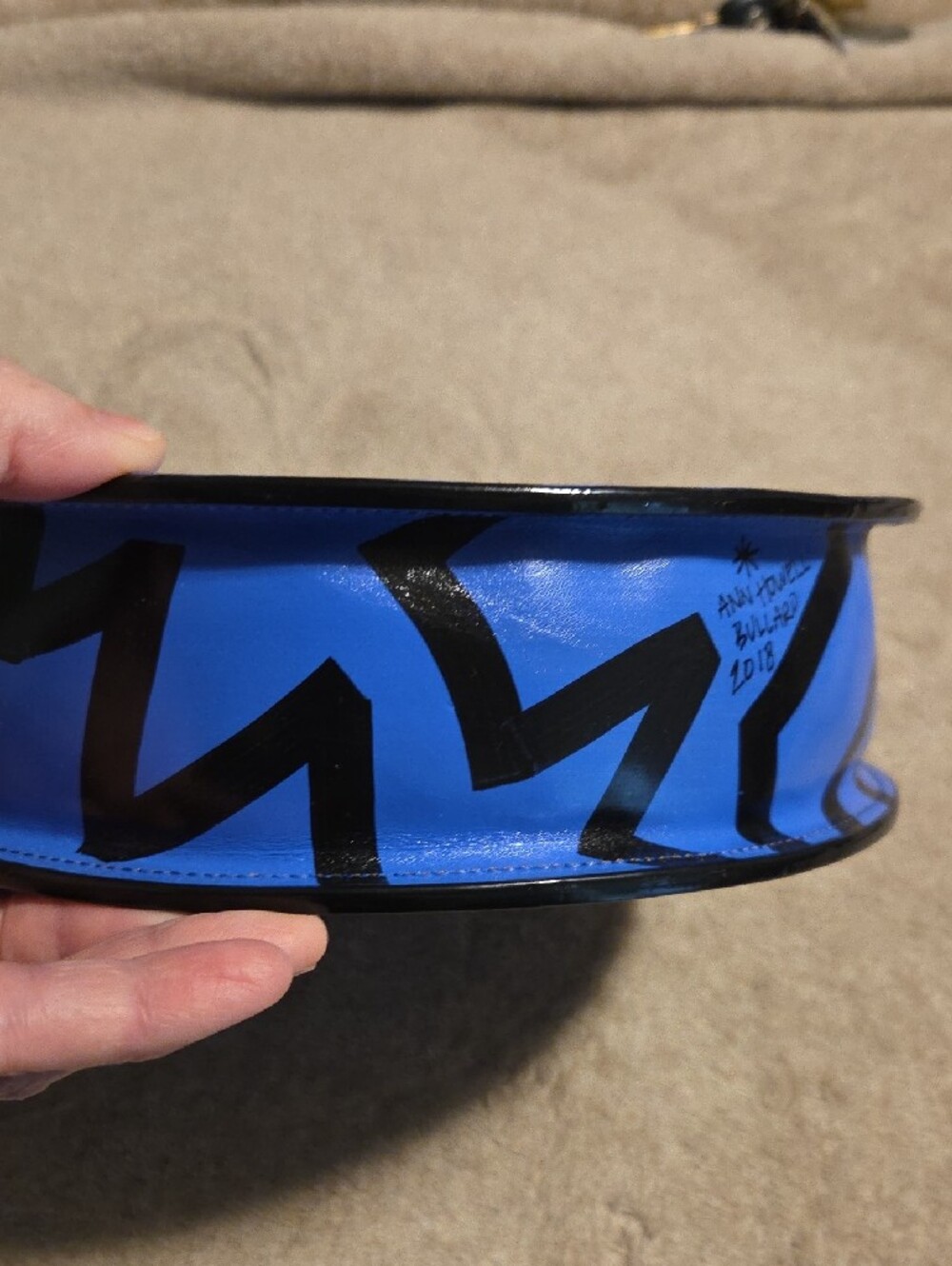Round Blue Graphic Leather Shoulder Bag By Ann Howell Bullard - Picture 4 of 7